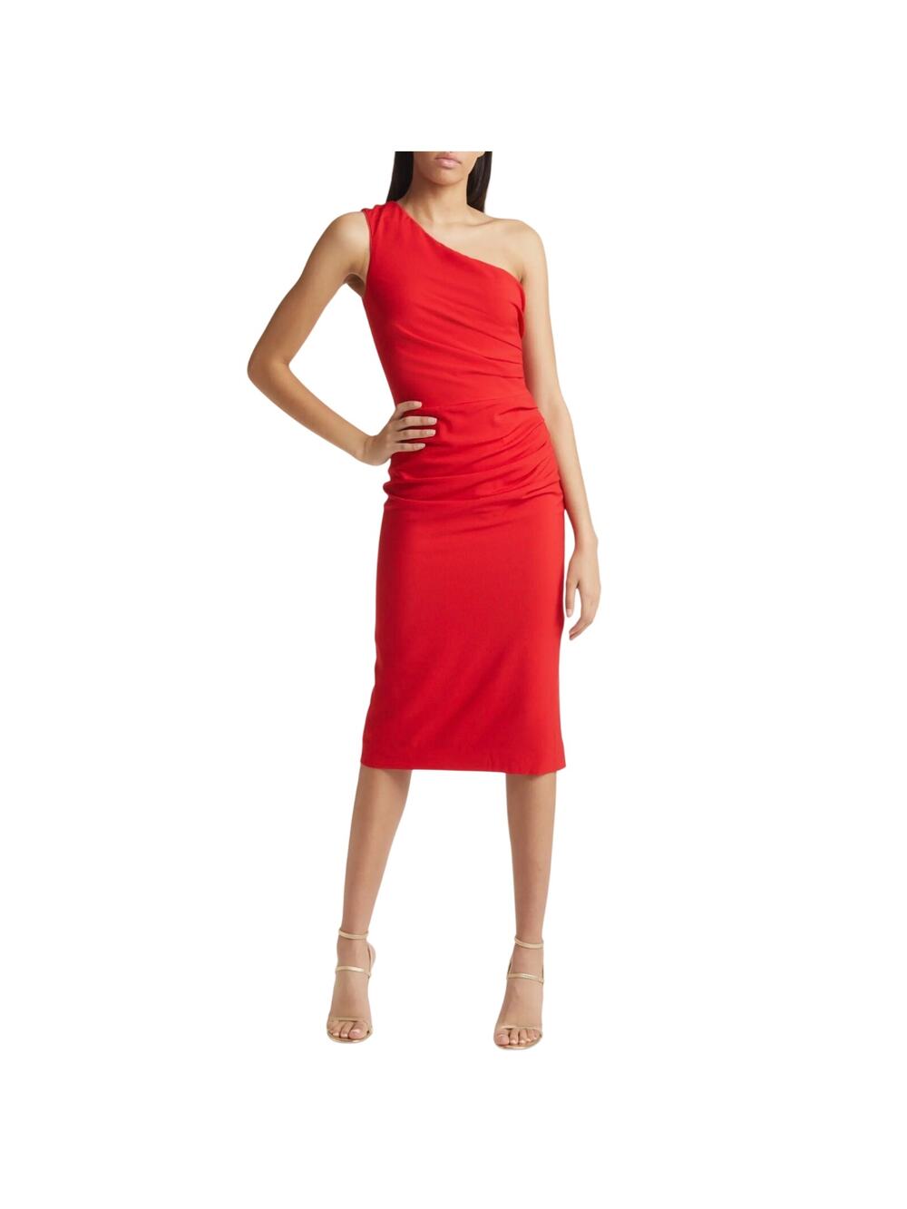 Dress the Population Martine Red Cocktail Dress One Shoulder Sheath Size Large